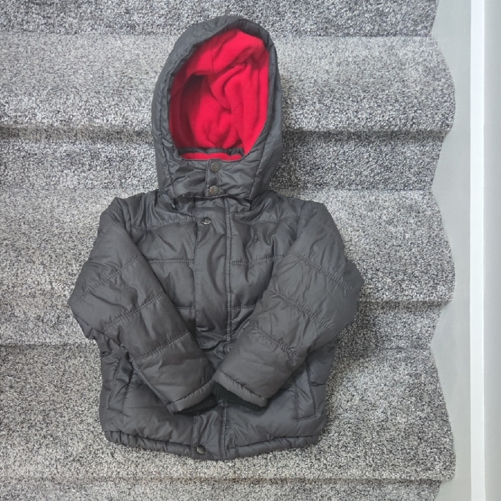 Calvin Klein Charcoal Puffer Jacket with Scarlet Hood